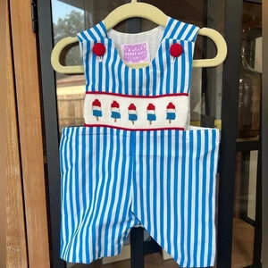 USA 4th of July Smocked Jon Jon Embroidered Romper popsicles red white blue baby